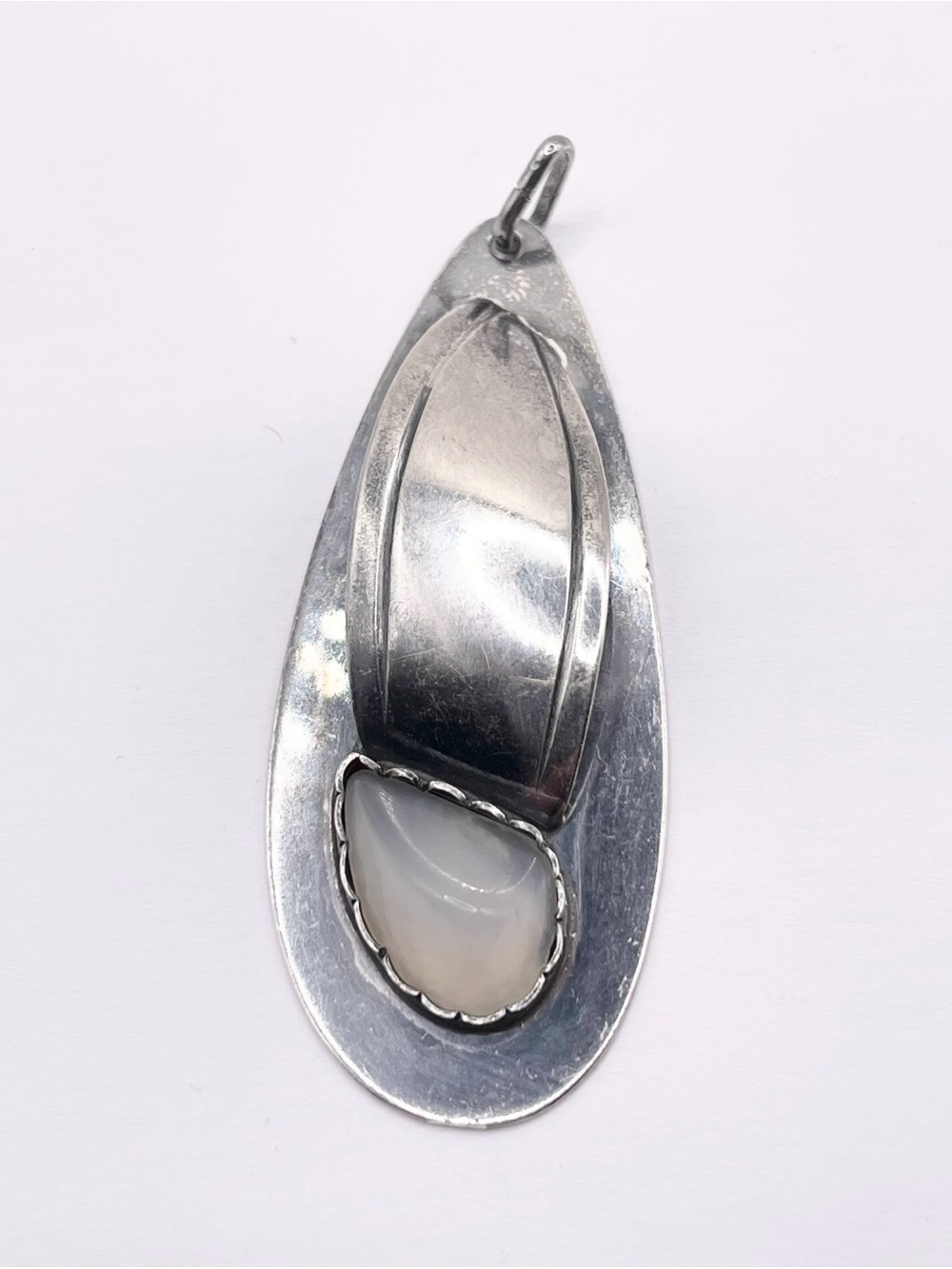 Vintage Danish Sterling Silver Teardrop Pendant with White Opalescent Stone